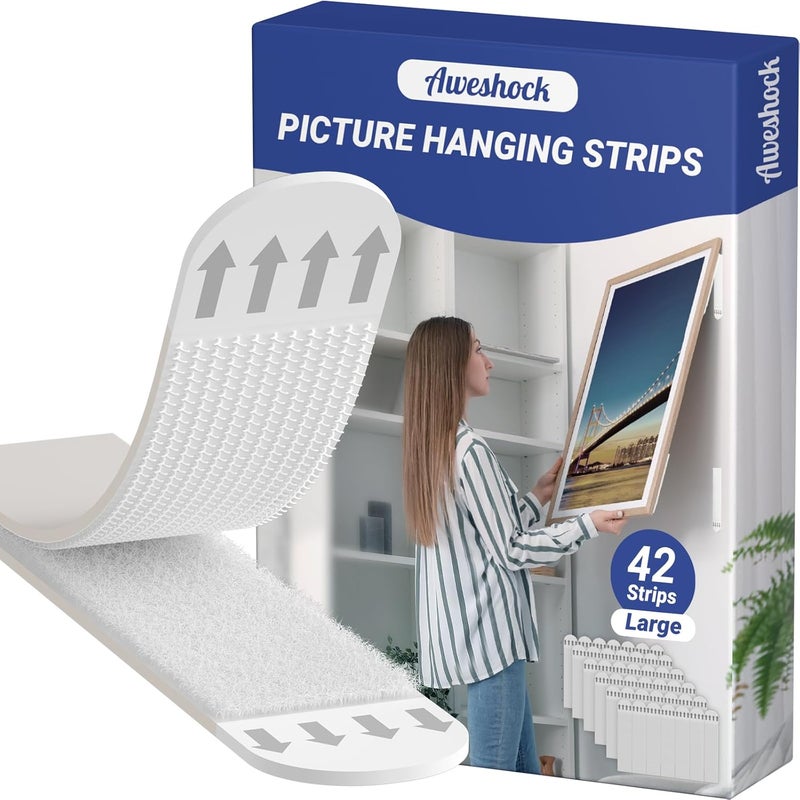 Aweshock Picture Hanging Strips Heavy Duty, Damage Free Hanging Picture Hangers, Picture Hanging Kit, Hanging Hooks Without Nails, 21 Pairs Wall Strips Sticky(42 Strips) - Image 1
